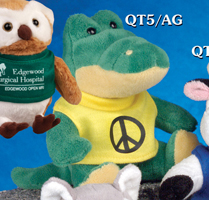 5 inch plush toy alligator from the Q-TEE Collection. Each alligator includes a one-color printed t-shirt.