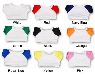 T-shirts with a white background and colored sleeves.