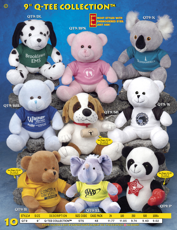 Catalog Page 10. Order 9" Q-Tee Stuffed Animals. Promotional stuffed bears, dogs and koalas.