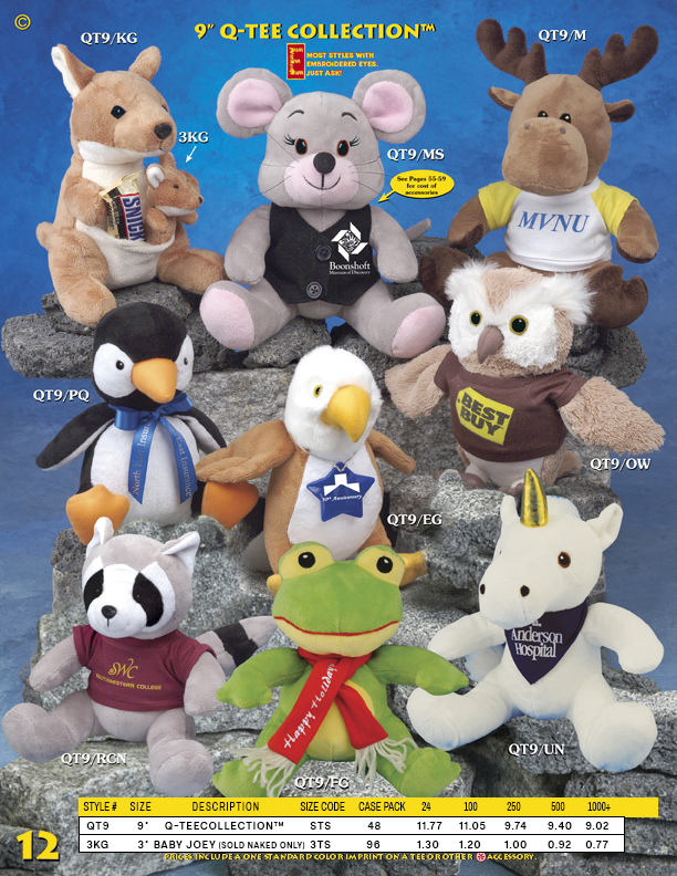 Catalog Page 12. Order 9" Mooses, Raccoons, Owls, Frogs, Eagles, Mouses and Penguins.