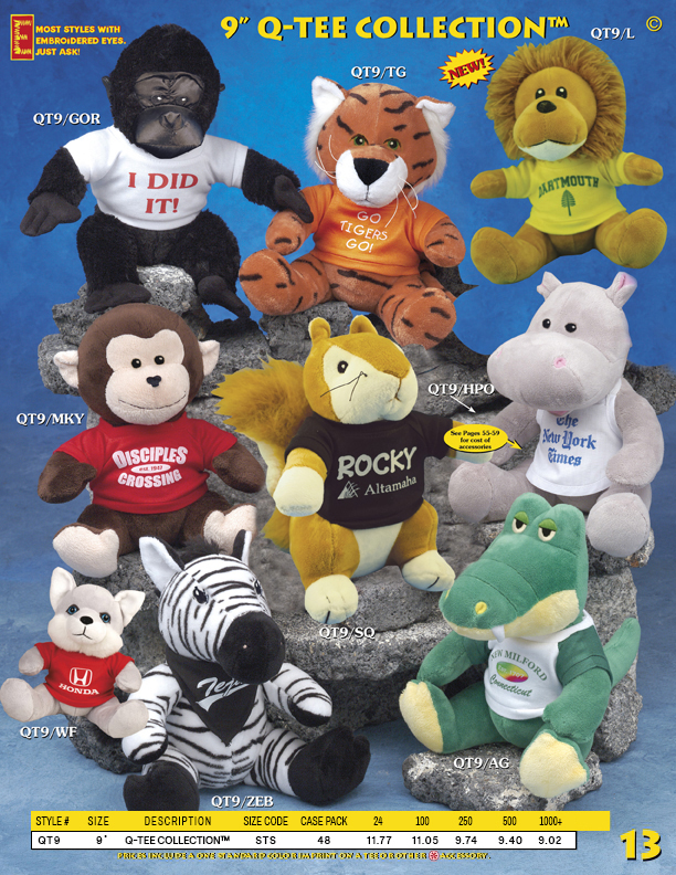 Catalog Page 13. Order 9" plush lions, hippos, alligators, zebras, apes, monkeys and tigers.