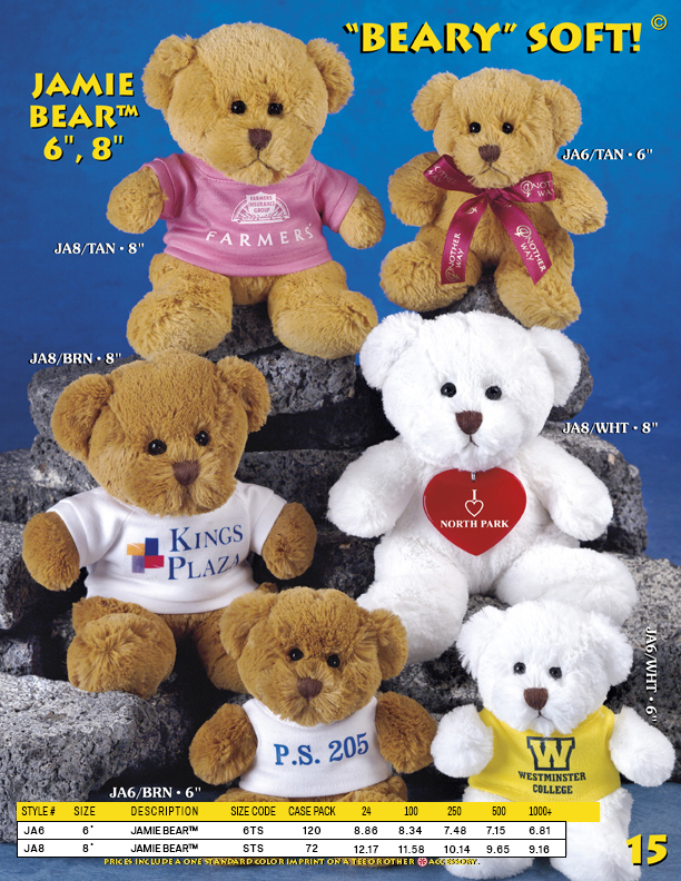 Catalog Page 15. Order 6" and 8" soft teddy bears with printed bandanas, vests or ribbons.