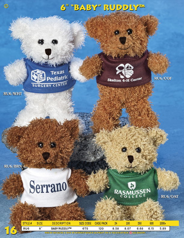 Catalog Page 16. Order 6" Fuzzy Teddy Bears with printed T-Shirts. Brown and white bears.