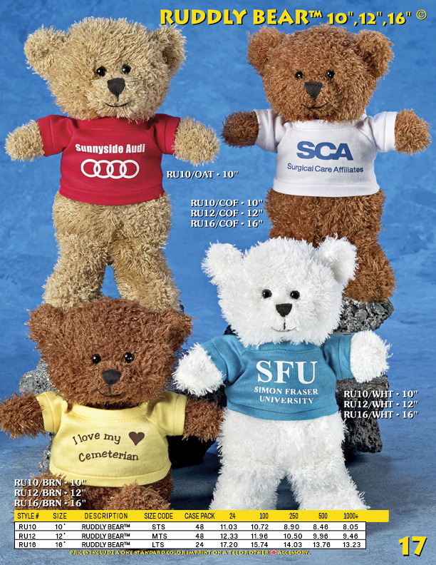 Catalog Page 17. Order 10", 12" and 16" bears with T-Shirts and Hoodies. Teddy bears with jackets.