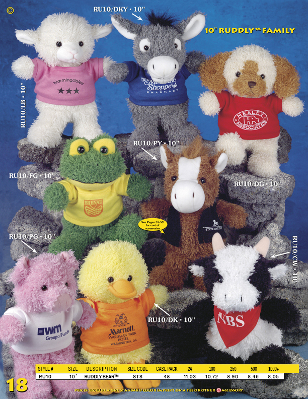 Catalog Page 18. Order 10" toy dogs, chicks, pigs, cows, frogs, lambs, donkeys and bears.