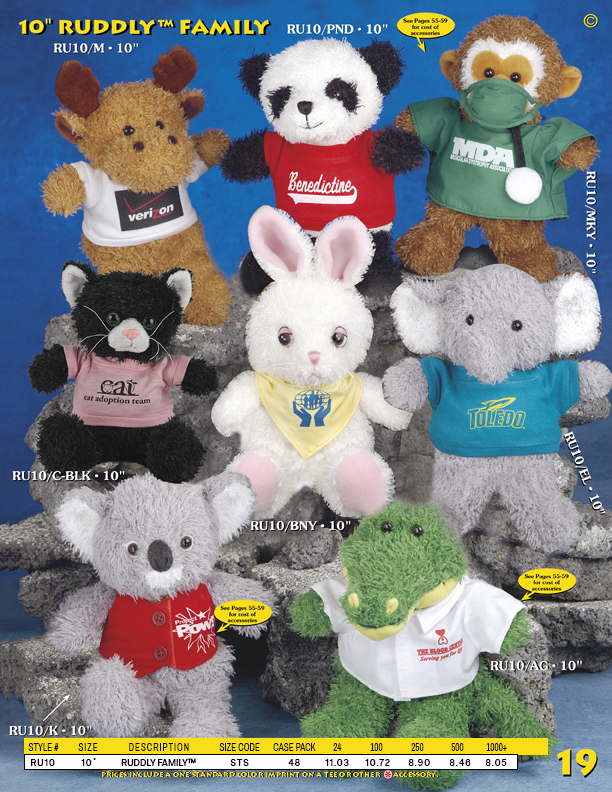 Catalog Page 19. Order 10" Reindeer, Pandas, Monkeys. Rabbits, Elephants, Koalas and Alligators.