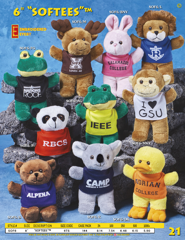 Catalog Page 21. 7” and 10” Patty Bears with personalized t-shirts.