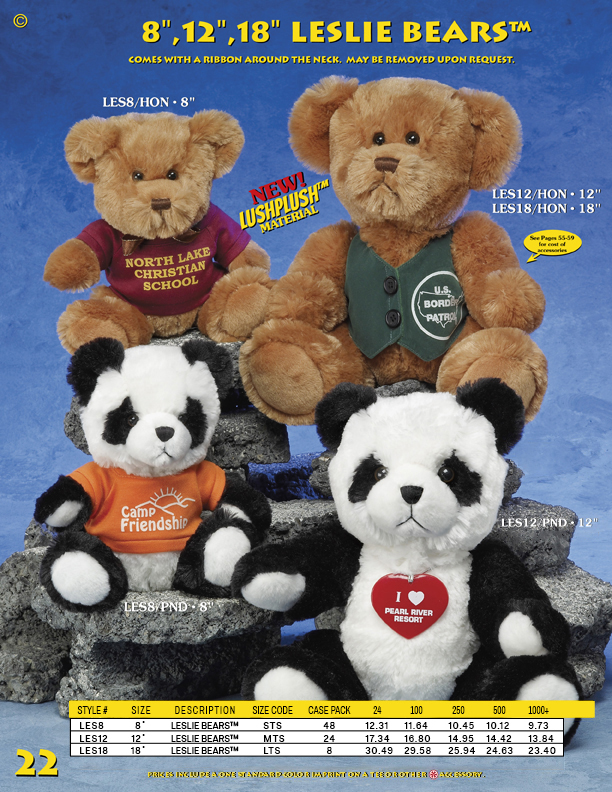 Catalog Page 22. Custom 8" and 12" Leslie Bears. Custom Teddy Bears and Pandas.