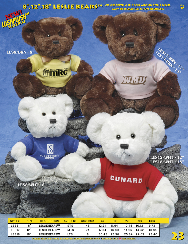 Catalog Page 23. Custom 8" and 12" Leslie Bears. Brown bears and white bears.