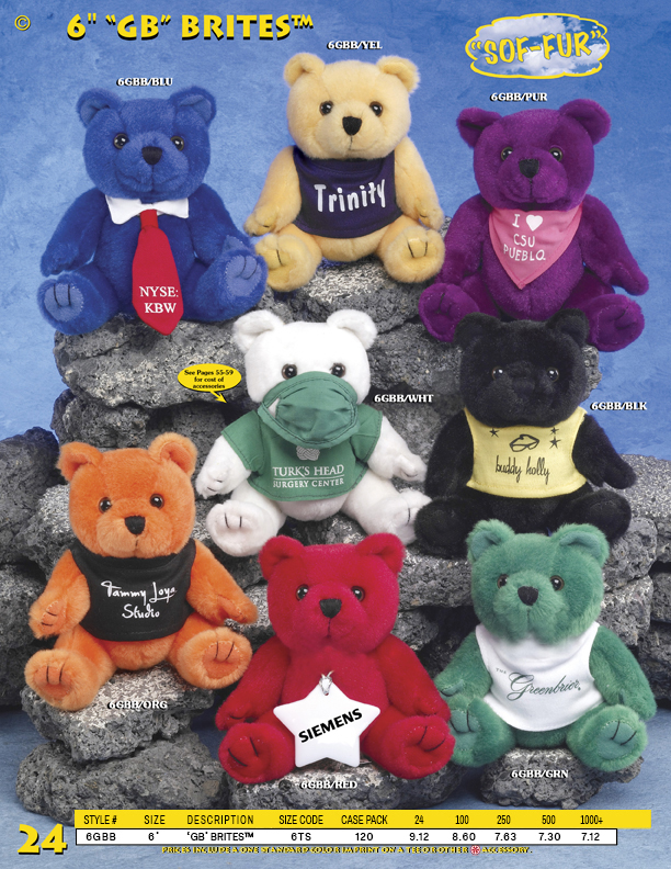 Catalog Page 24. Custom 6" Brite plush Teddy bears for sale. Order multiple colors.