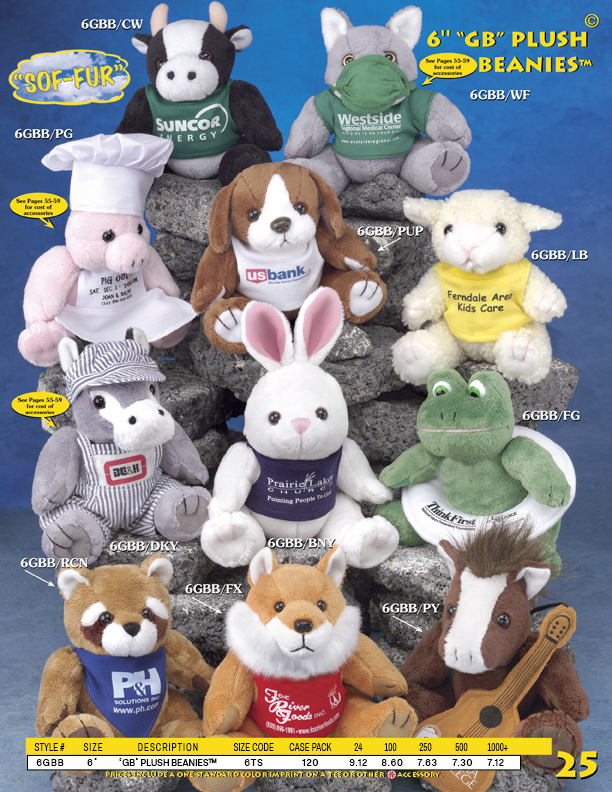 Catalog Page 25. Custom 6" toy wolves, frogs, sheep, horses, wolves, raccoons and pigs.