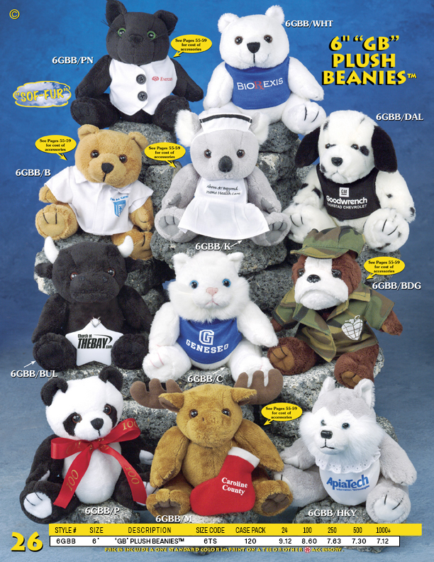 Catalog Page 26. Custom 6" animals dressed like army men, nurses and doctors. 6" custom plush toys.