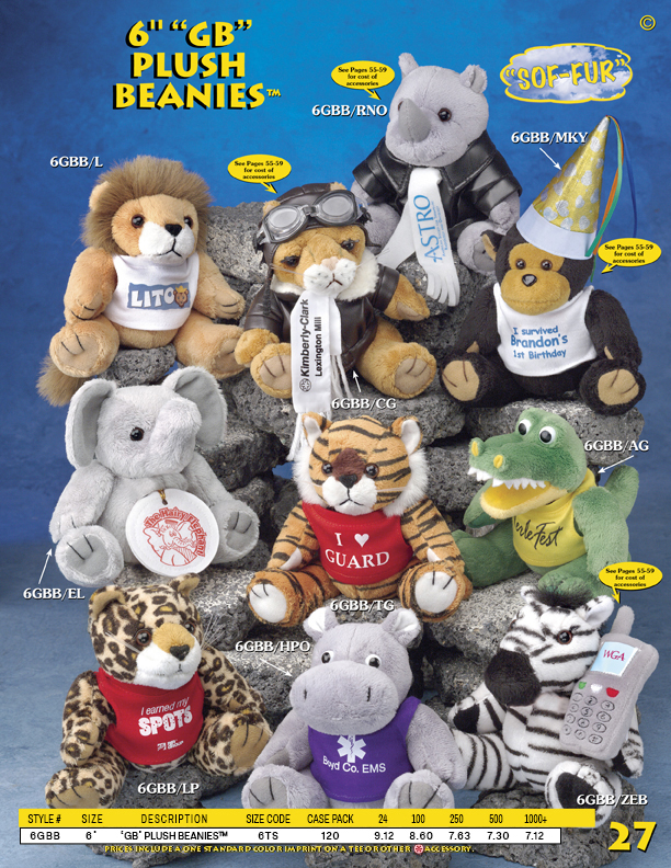 Catalog Page 27. Custom 6" stuffed animals including tigers, alligators, hippos, rhinos, elephants and teddy bears.