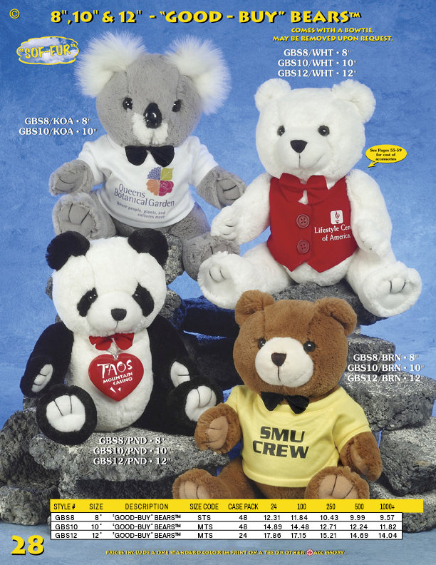 Catalog Page 28. Custom 8" teddy bears. Personalized 10" panda bears. Customized 12" brown teddy bears.