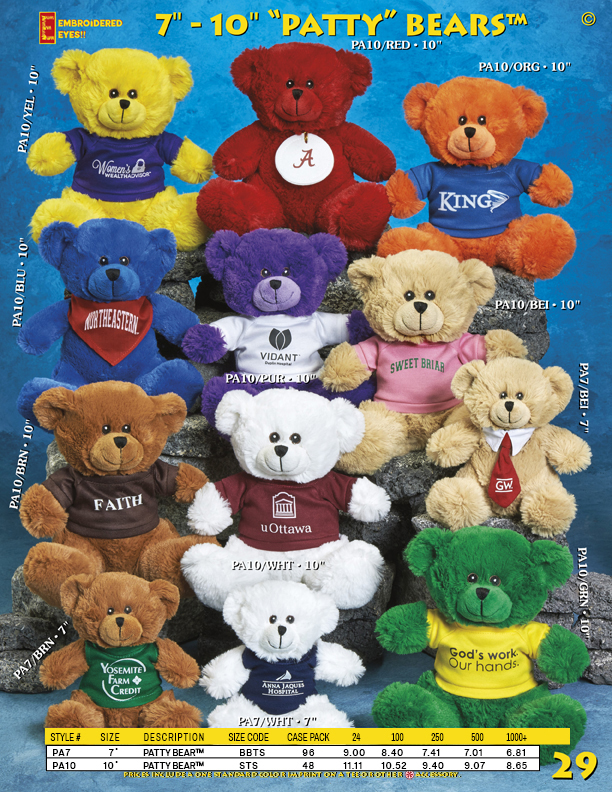 Catalog Page 29. 7” and 10” Patty Bears with personalized t-shirts.