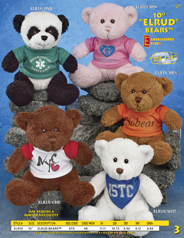 Catalog Page 3. 10" Elrud Bears with custom printed t-shirts.