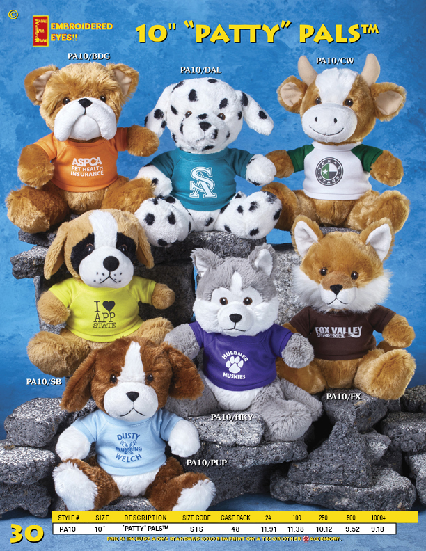 Catalog Page 30. 10" Stuffed Bulldog, Dalmatian, Cow, St. Bernard Dog, Husky, Fox and Puppy Dog.