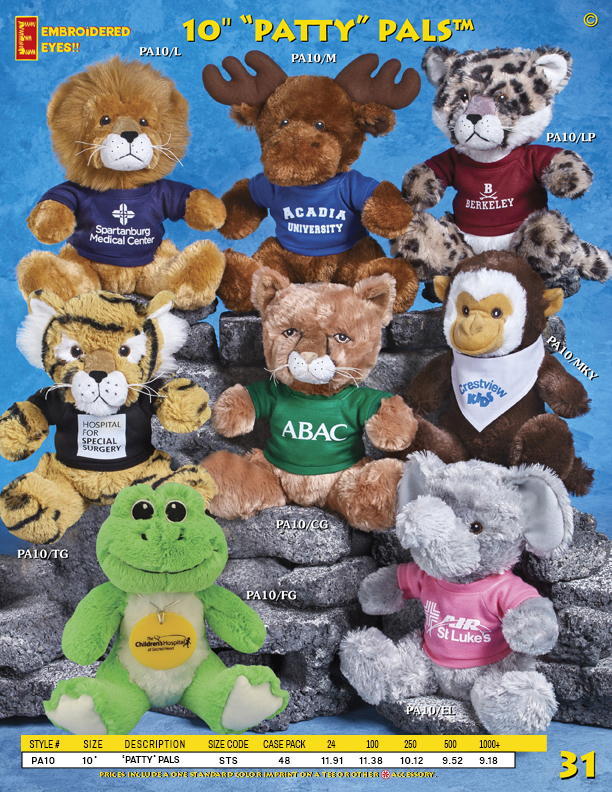 Catalog Page 31. 10" Patty Pals include a Lion, Moose, Leopard, Tiger, Cougar, Monkey and Elephant.