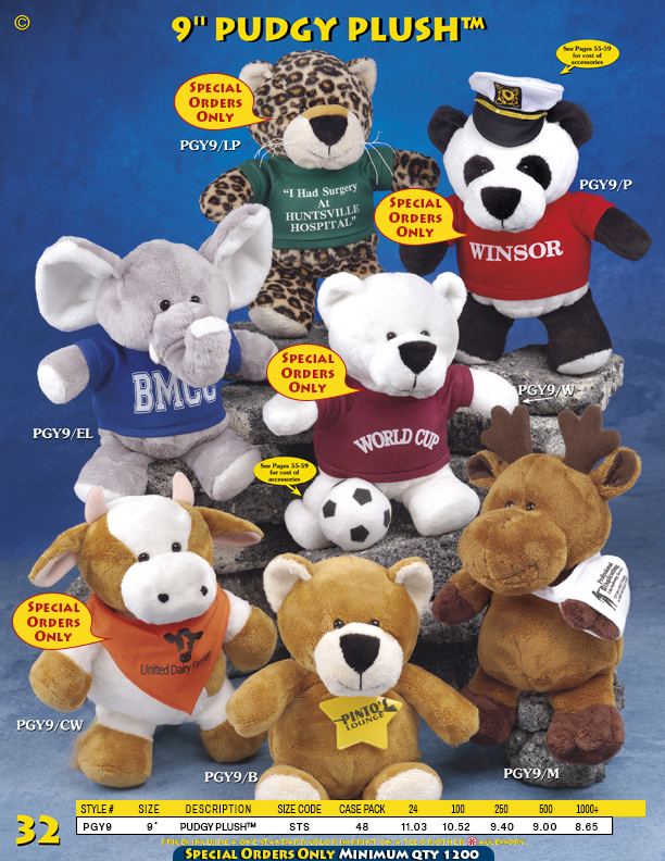 Catalog Page 32. Customized 9" stuffed animals. Order plush cows, moose, foxes, leopards and elephants.