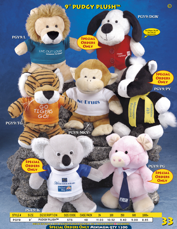 Catalog Page 33. Customized 9" stuffed bears. Customized tigers, dogs, lions, monkeys, pigs, ponies, and koalas.