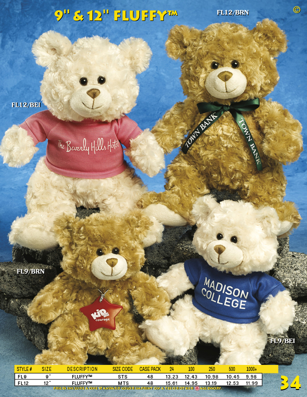 Catalog Page 34. 9" and 12" Fluffy Teddy Bears. Printed t-shirt is included.