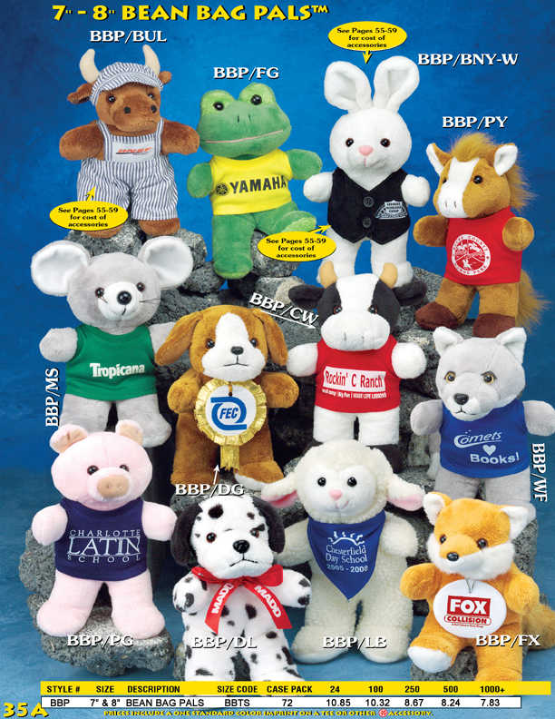Catalog Page 35A. 7" promotional beanie animals. 8" customized beanie anaimals.