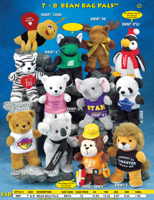 Catalog Page 35B. Bean bag animals for sale. Order a custom beanie bear, lion, monkey, koala bear, penguin, moose and cat.