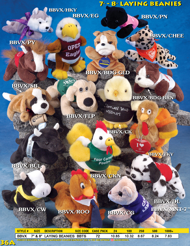 Catalog Page 36A. 7" personalized beanie animals. 8" custom beanie anaimals.