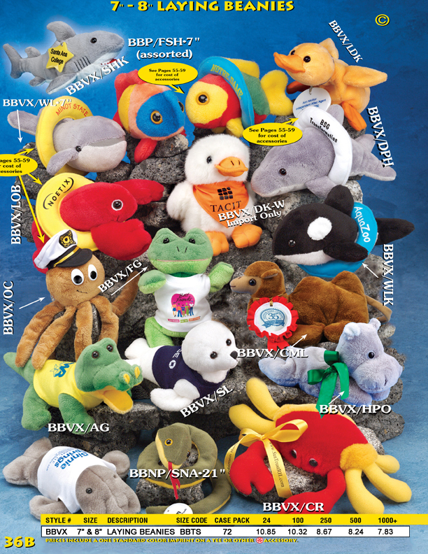 Catalog Page 36B. Laying beanie animals including lobster, fish, shark, whale, seal,alligator, snake, crab and camel.