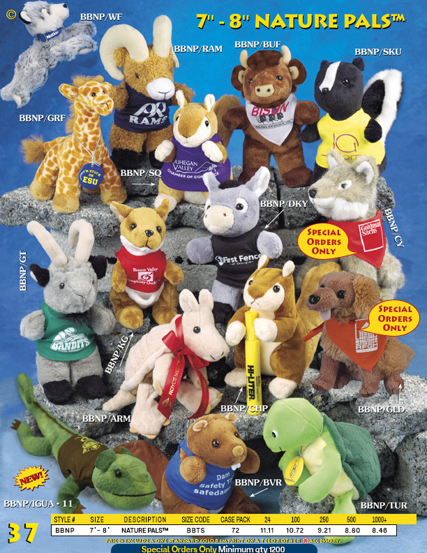 Catalog Page 37. 7" Nature Pals. Customized dogs, rabbits, skunks, buffalos, rams, giraffes and wolves.