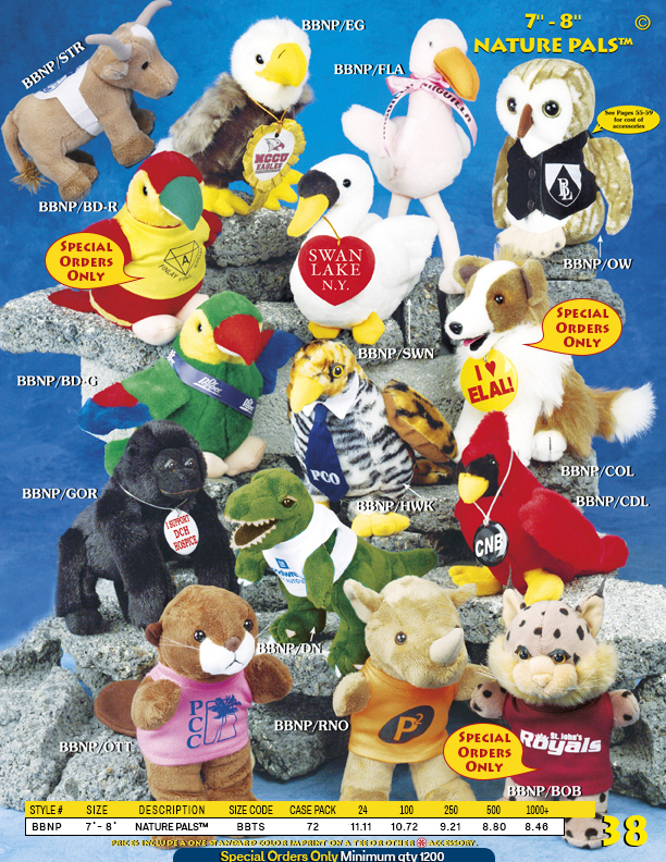 Catalog Page 38. 7" Nature Pals. Personalized owls, alligators, apes, red robins, cardinals, dogs and parrots.