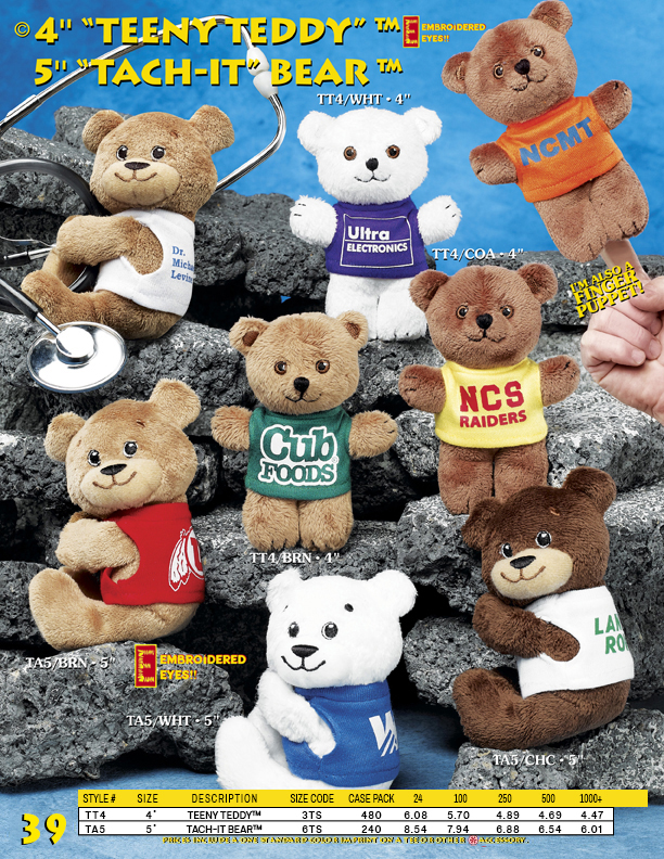 Catalog Page 39. 7" Nature Pals. Personalized pandas, brown bears, black bears and raccoons. 12" laying tigers and 12" laying lions. Jungle animals.