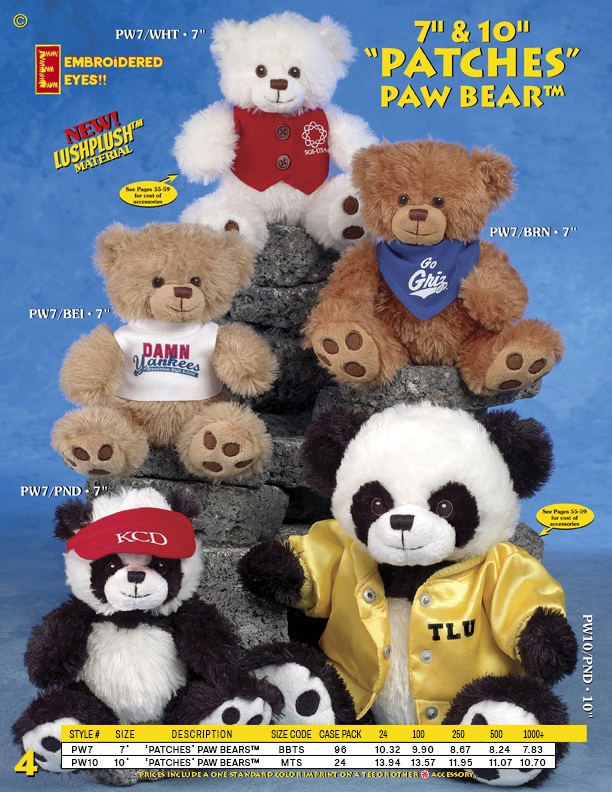 Catalog Page 4. Order 7" and 10" "PATCHES" PAW BEAR. Stuffed bears with printed T-Shirts.