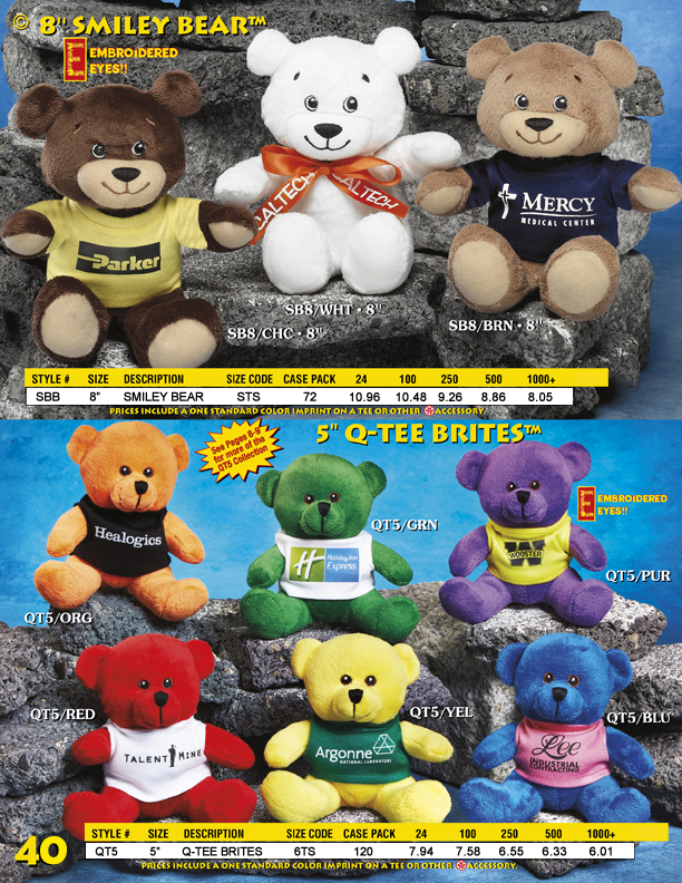 Catalog Page 40. 5" teddy bears with custom printed t-shirts.