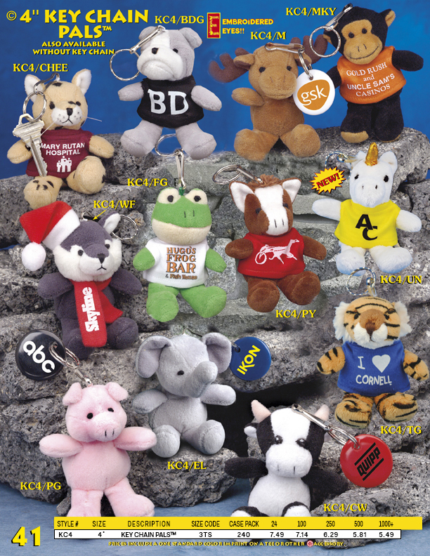 Catalog Page 41. 4" Key Chain Pals. 4" plush toys keychains. Bear keychains.