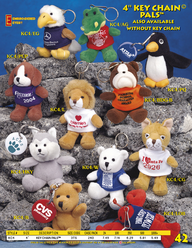 Catalog Page 42. 4" toy dog key chains. 4" elephant keychains. Lion keychains.