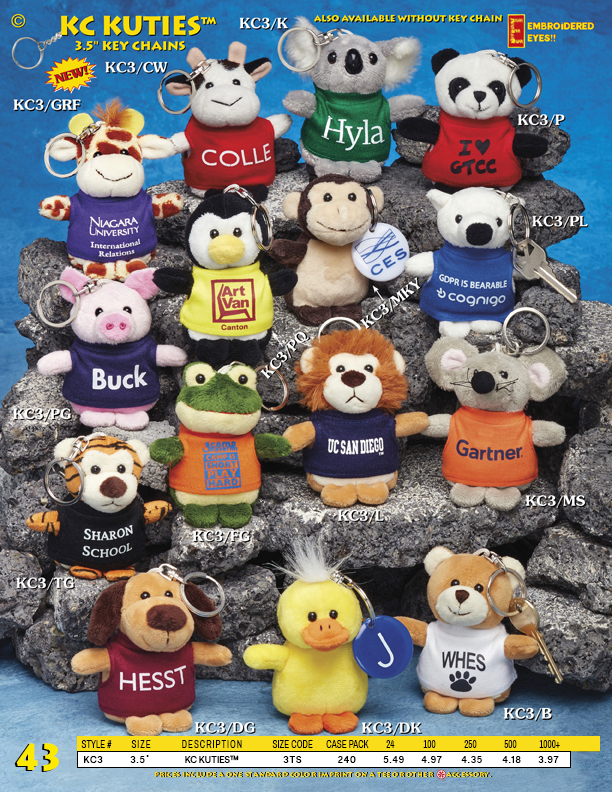 Catalog Page 43. 3.5" stuffed animals with key chain attached.