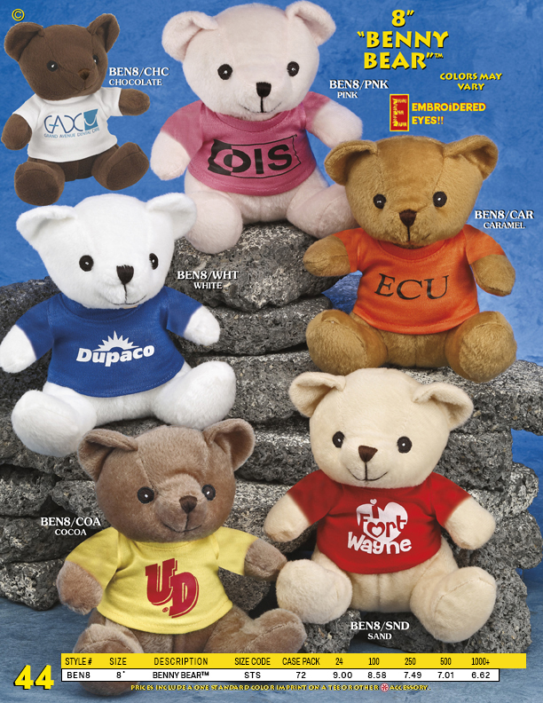 Catalog Page 44. 8" Benny Bears. These 8" teddy bears have a very low price.