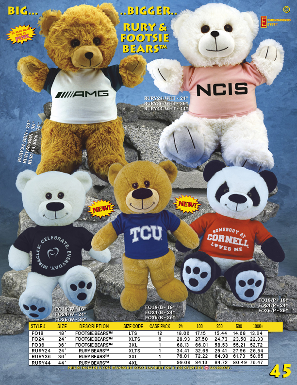 Catalog Page 45. Large size teddy bears. 18”, 24”, 36” and 44” size teddy bears with custom printed t-shirts.