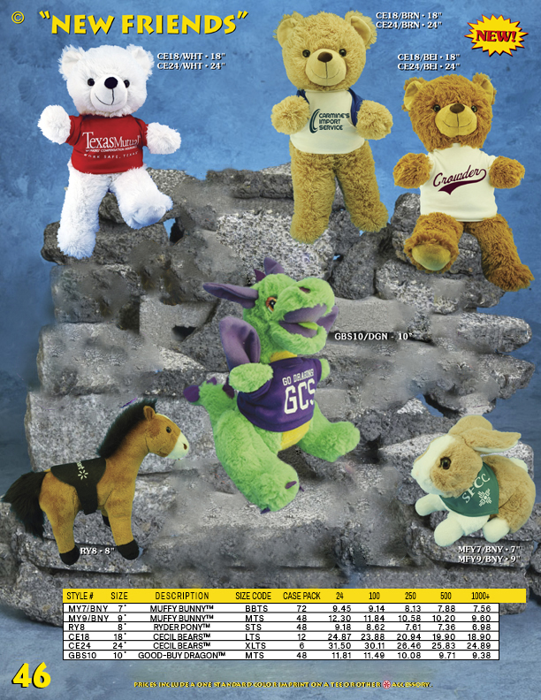 Catalog Page 46. 18" & 24" brown and white Cecil Bears and a Green Dragon.