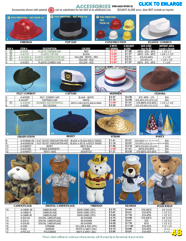 Catalog Page 48. Hats for stuffed animals and teddy bears. Hat accessories.