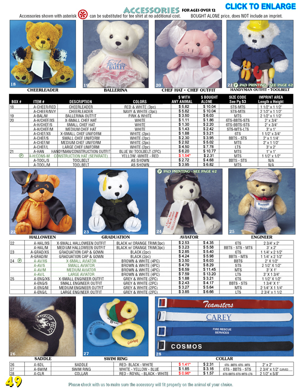 Catalog Page 49. Uniforms and costumes for plush toys.