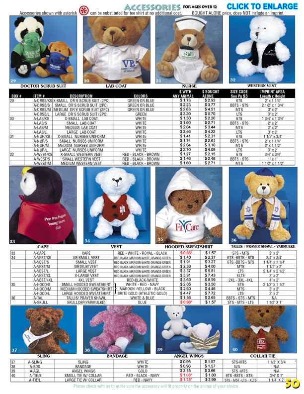 Catalog Page 50. Teddy bear doctor and nurse scrubs, vests, capes and angel wings.