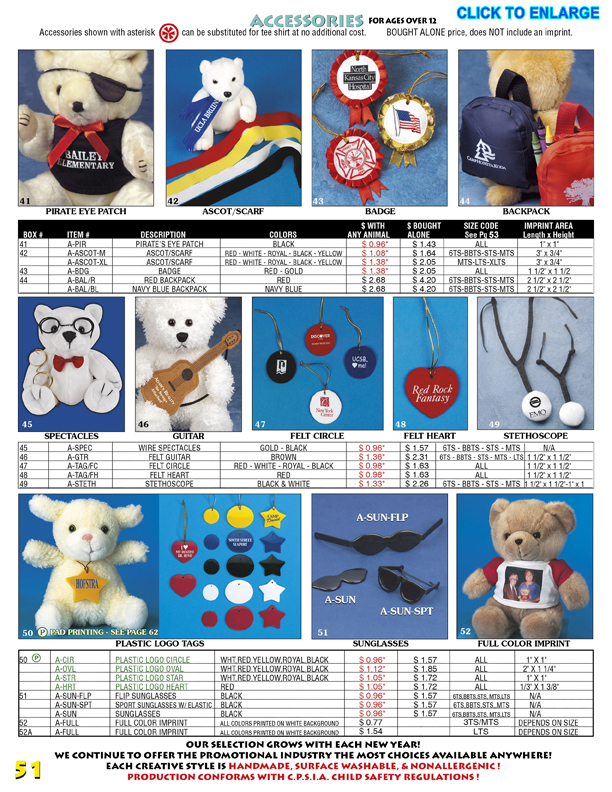 Catalog Page 51. Teddy bear backpacks, eye patch, eye glasses, sun glasses, and logo tags.