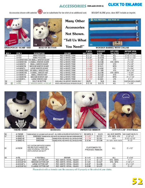 Catalog Page 52. Christmas scarf, stocking and Santa Hat. Footbal and cap for teddy bear party themes.