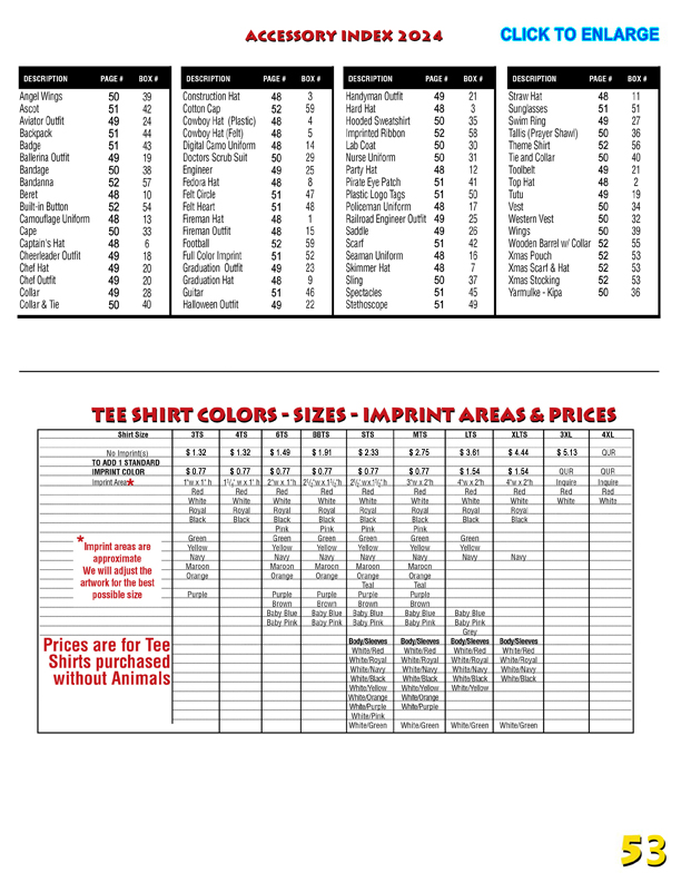 Catalog Page 53. Accessory Index and t-shirt colors and pricing.