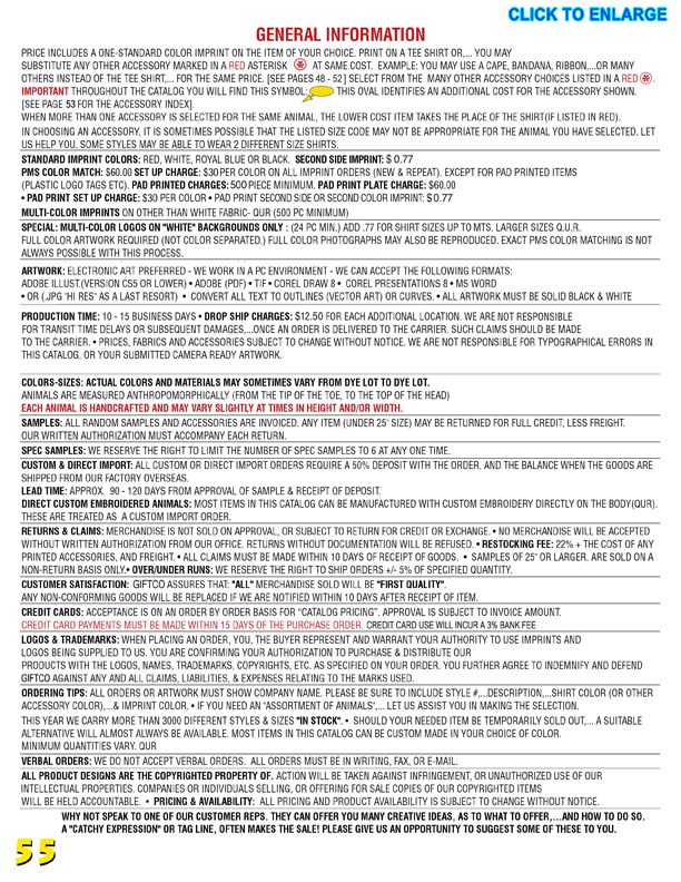 Catalog Page 55. General Information for ordering custom teddy bears with printed t-shirts. Order personalized stuffed animals.