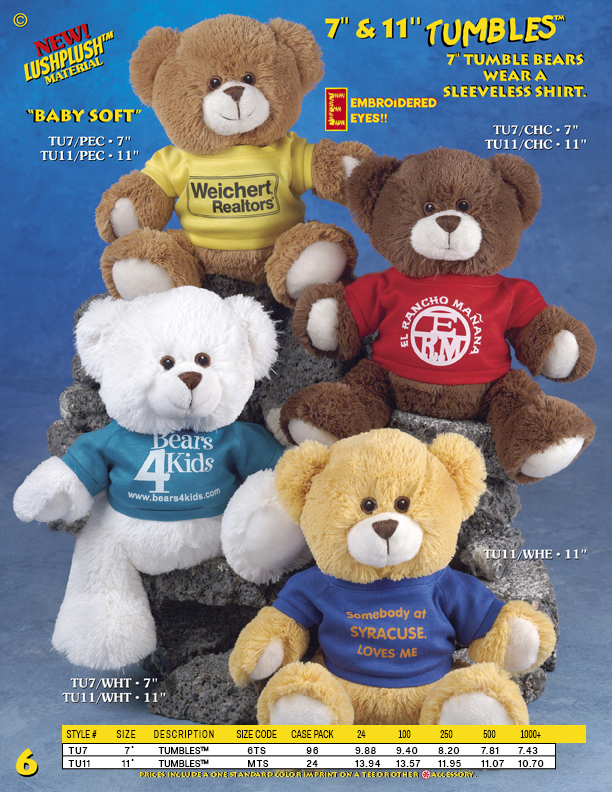 Catalog Page 6. Order 7" and 11" Tumbles Teddy Bears. Soft fur bears with printed T-Shirts.