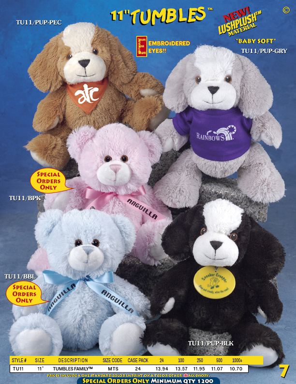 Catalog Page 7. Order 11" Tumbles Teddy Bears with T-Shirts and soft fur.