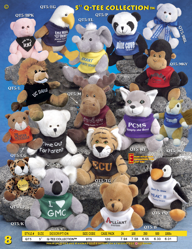 Catalog Page 8. Order 5" Q-TEE stuffed animals with silk-screened T-Shirts.